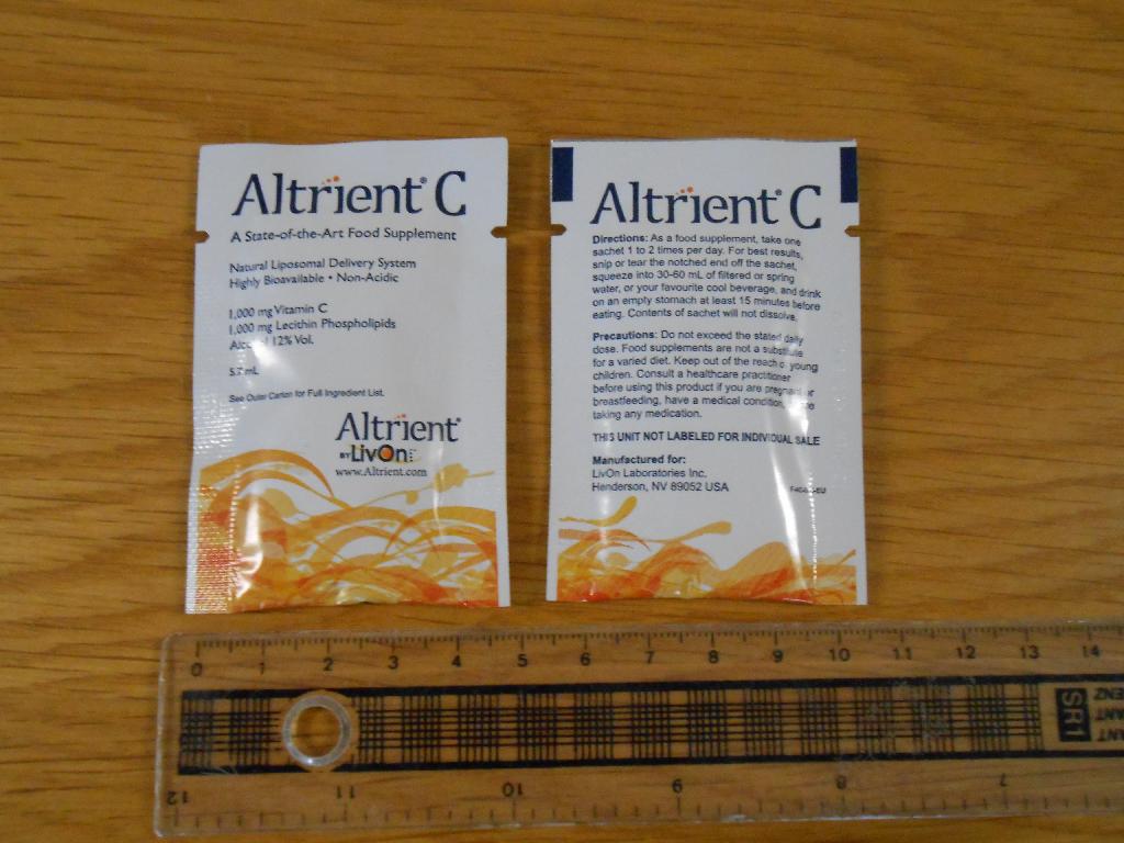 ALTRIENT C.

THESE PRODUCTS ARE ORAL SACHETS OF LIQUID FOOD SUPPLEMENTS. 
THEY ARE MIXED WITH WATER AND CONSUMED. 

THE INGREDIENTS CONSIST OF PURIFIED WATER, LECITHIN PHOSPHOLIPIDS, ETHANOL PRESERVATIVE, XANTHAN THICKNER, VITAMIN C.