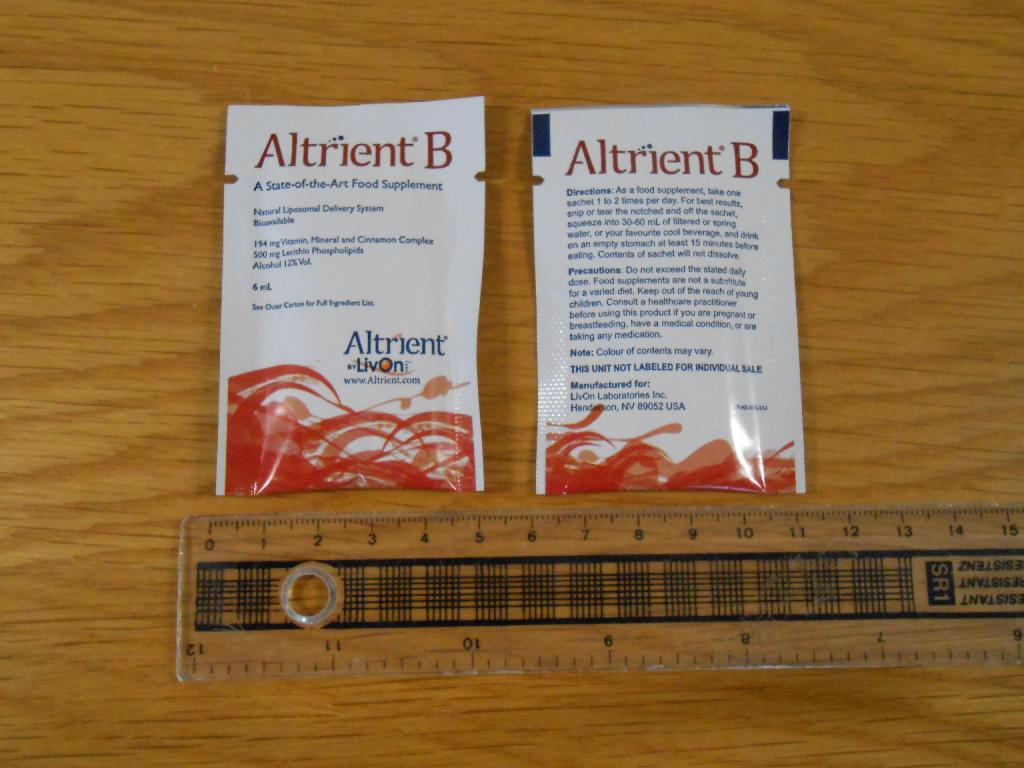 ALTRIENT B.

THESE PRODUCTS ARE ORAL SACHETS OF LIQUID FOOD SUPPLEMENTS. 
THEY ARE MIXED WITH WATER AND CONSUMED. 

THE INGREDIENTS CONSIST OF PURIFIED WATER, LECITHIN PHOSPHOLIPIDS, ETHANOL PRESERVATIVE, XANTHAN THICKNER, VITAMIN B.