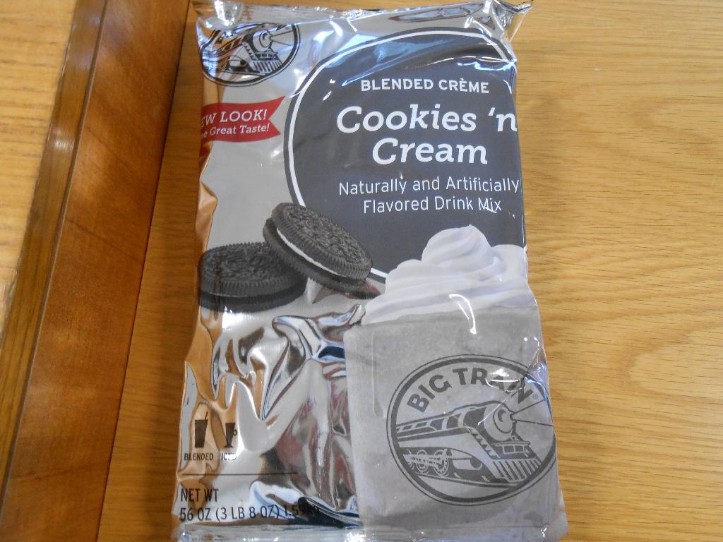 COOKIES AND CREAM FLAVOURED POWDER MIX MADE FOR USE IN BEVERAGES.