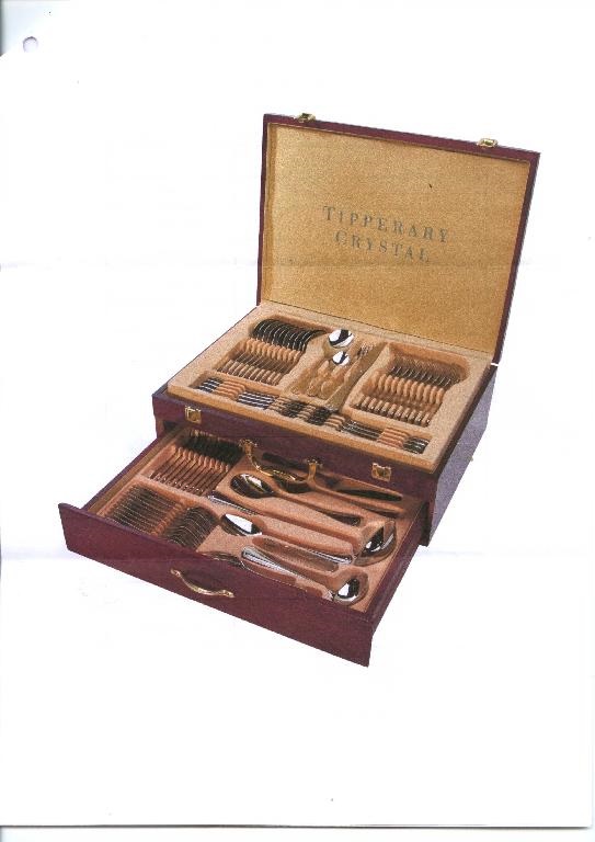 72 PCE CUTLERY SET MADE FROM STAINLESS STEEL AND NOT PLATED WITH PRECIOUS METAL PUT UP FOR RETAIL SALE IN WOODEN BOX.
INCLUDES: TABLE KNIVES, TABLE FORKS, TABLE SPOONS, TEA SPOONS , CAKE FORKS, LARGE SERVING SPOONS , MEAT FORKS, GRAVY LADLE, SOUP LADLE, SUGAR TONG, SUGAR SPOON, SMALL SERVING SPOON, SALAD SPOON, SALAD FORK, CAKE SERVER