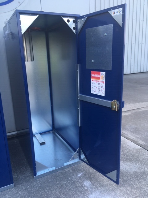 A Bike Locker suitable for placing a Bike standing upright.  It is made of steel and powder coated.  At point of import it is fully assembled as one unit.  Height = 1850mm, Depth = 1100mm and width = 700mm.  It has a part attached to the back of the locker for holding the front wheel.  It also has a hanger on the inside to hold a coat and helmut.