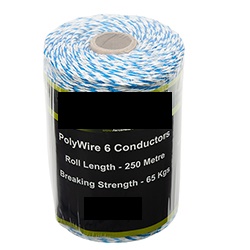POLYWIRE. 

IT IS AN ELECTRICAL WIRE USED FOR CONNECTING ELECTRIC FENCE SYSTEMS. IT IS MADE FROM SIX THIN STAINLESS STEEL WIRE STRANDS WHICH ARE WOVEN BETWEEN HDPE PLASTIC STRANDS. THESE STAINLESS STEEL STRANDS CONDUCT THE ELECTRICITY. THE PLASTIC STRANDS PROVIDE FLEXIBILITY AND STRENGTH. 

IT CONTAINS BY WEIGHT 8% NICKEL AND 18% CHROMIUM WITH A MAXIMUM CROSS-SECTIONAL DIMENSION OF LESS THAN 0.8 MM.