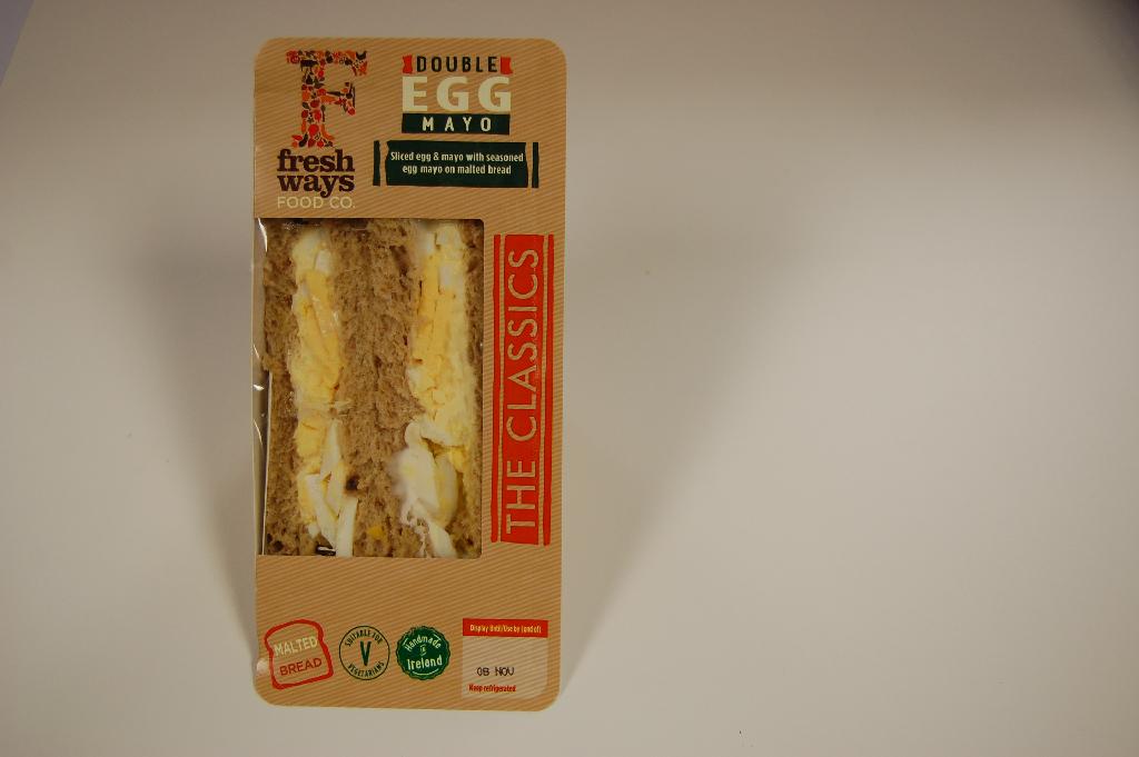 Double egg mayo - Ready to eat sandwich with filing: Sliced egg & mayo with seasoned egg mayo on malted bread.
Sandwich for human consumption.