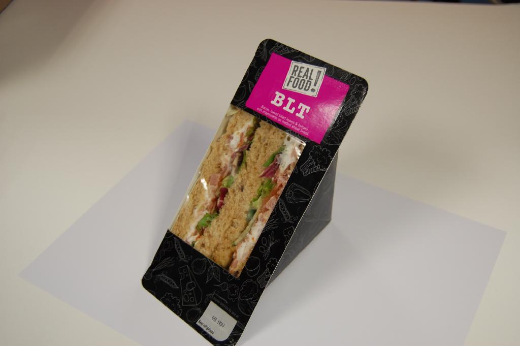 Ready to eat sandwich with filing: Bacon, Lettuce & Tomato with mayo on malted bread.
Sandwich for human consumption.