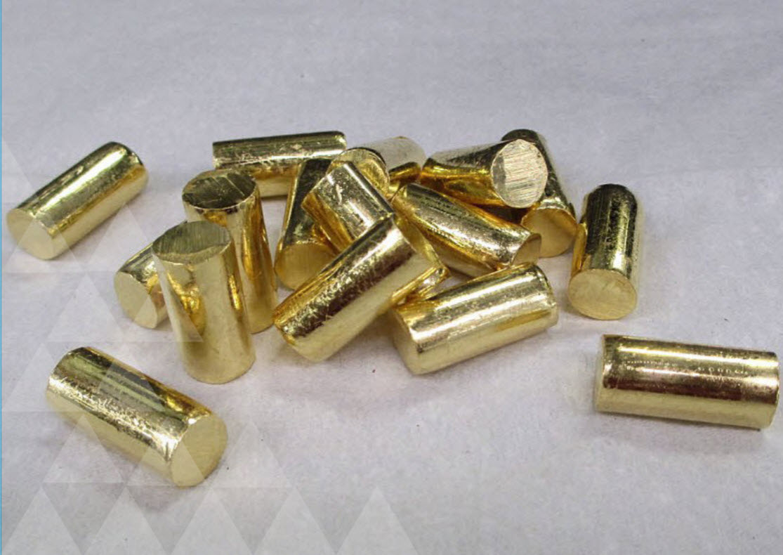 The semi-manufactured gold pellets are used as an input material for use in high vacuum deposition processes. The process deposits a thin layer on of gold on the substrate surfaces.