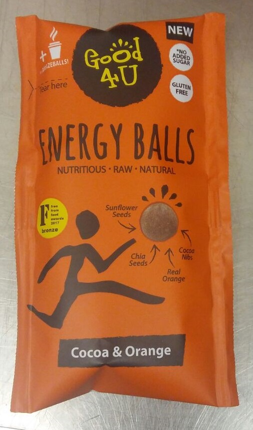 This product consists of single serve raw bite size seed & fruit balls. It is free from all allergens and added sugar. No sweetening matter is added to this product.This product is not baked. 30g per serving.
The product is used as a healthy alternative for snacking and can also be used in home baking. It can be eaten any time of the day.
Ingredients include dates (56%), sunflower seed (23%), chicory root fibre, chia seed (4%), cocoa nibs (4%), cocoa powder (2.5%), freeze dried orange powder (1%), seaweed extract and natural flavouring.