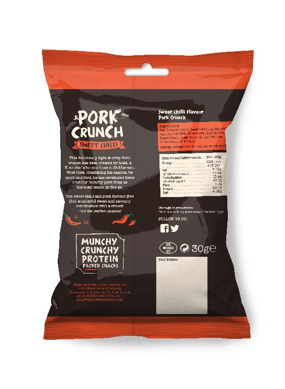 PORK CRUNCH – SWEET CHILLI.
SWEET CHILLI FLAVOUR CRUNCH. 
A NATURAL PRODUCT MADE FROM PORK BACK RIND, COOKED AT SPECIFIC TEMPERATURES WITH A BLEND OF SPICES, RESULTING IN A CRUNCHY AND CRISP SNACK. 
PACKED AND SEALED IN A 30G FOIL BAG.
ENGLISH PORK RIND 80% AND SWEET CHILLI SEASONING 20%.