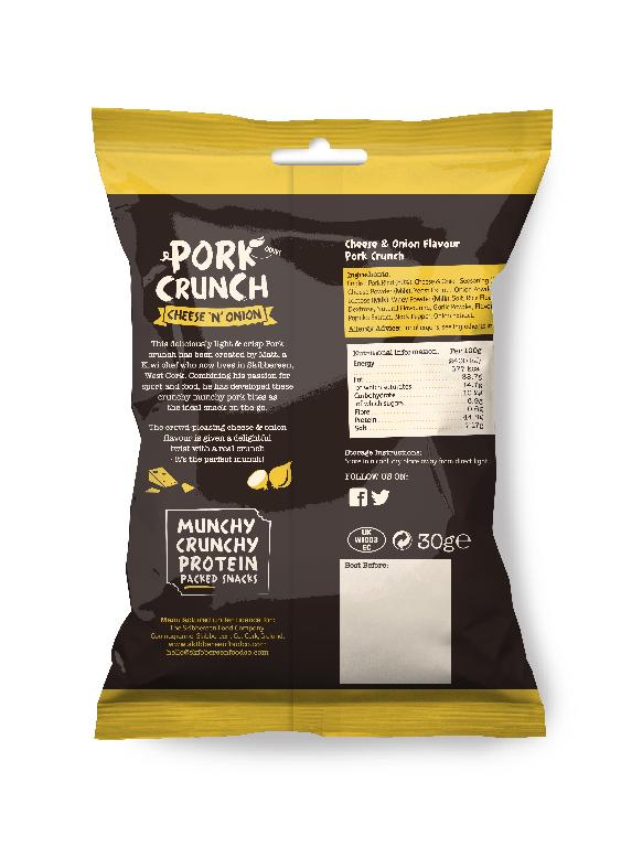 PORK CRUNCH – CHEESE & ONION.
CHEESE & ONION FLAVOUR CRUNCH. 
A NATURAL PRODUCT MADE FROM PORK BACK RIND, COOKED AT SPECIFIC TEMPERATURES WITH A BLEND OF SPICES, RESULTING IN A CRUNCHY AND CRISP SNACK. 
PACKED AND SEALED IN A 30G FOIL BAG.
ENGLISH PORK RIND 80% AND CHEESE & ONION SEASONING 20%.
