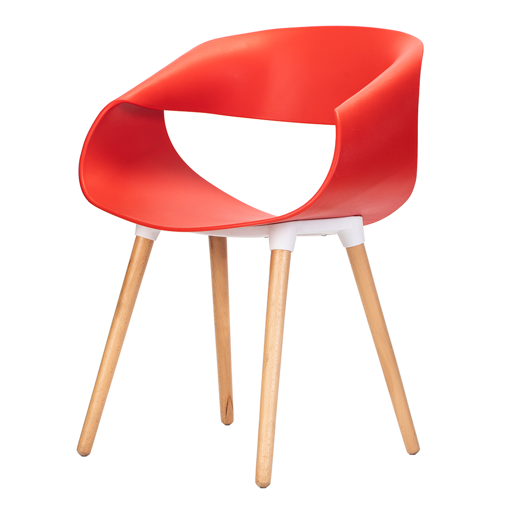 CHAIR WITH A NON- UPHOLSTERED SEAT MADE OF PVC PLASTIC AND WOODEN LEGS. THE LEGS ARE SET INTO A PLASTIC BASE WHICH IS UNDER THE SEAT