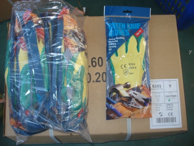 A glove
Of knitted cotton of which the palm, fingerfronts and finger tips are coated on one side only with latex rubber. The glove has a knitted cuff which bears text on the front.
Of knitted cotton of which the palm, fingerfronts and finger tips are coated on one side only with latex rubber. The glove has a knitted cuff which bears text on the front.