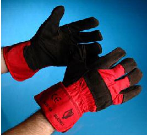 Rigger Glove (2) - Protective work gloves of which the palm, thumb, fingerfronts, fingertips, index finger and knuckle strip are of leather. The back and cuff are made from woven cotton. The palm of the glove only is lined with woven cotton. The gloves are multicoloured.