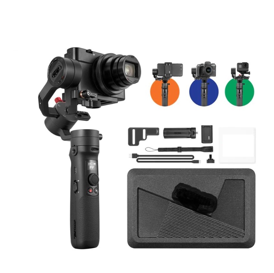 HANDHELD 3 AXIS GIMBAL.

IT IS A LIGHTWEIGHT, COMPACT IMAGE STABILISATION SYSTEM CONTROLLED BY 3 MOTORS WHICH ALLOWS THE USER TO CREATE IMAGES WITHOUT VIBRATION OR DISTURBANCES. IT CAN BE USED BY MULTIPLE DEVICES SUCH AS COMPACT CAMERAS, LIGHT MIRRORLESS CAMERAS, SMARTPHONES, AND ACTION CAMERAS UP TO 1.58LB. THE GIMBAL OFFERS 360° PAN WITH 310° TILT, AND 324° ROLL ROTATION.

THE DEVICE ALLOWS YOU TO CONTROL YOUR CAMERA WIRELESSLY THROUGH THE GIMBAL HANDLE USING BLUETOOTH AND WI-FI TECHNOLOGY. IT HAS FEATURES SUCH AS TIME-LAPSE, PANORAMA, AND SLOW-MOTION CAPTURE. THE GIMBAL CAN ALSO BE CONTROLLED WIRELESSLY VIA A DOWNLOADABLE APP.

THE DEVICE IS CHARGED BY USB WITH A 7 HOUR RUN TIME. PRODUCT DIMENSIONS 10.5 X 2.7 X 5.4 INCHES.

INCLUDED IN THE PRODUCT PACKAGE; GIMBAL, TRIPOD, QUICK RELEASE PLATE, WRIST STRAP, USB TYPE-C CABLE, ¼” CAMERA FIXING SCREW, PHONE HOLDER, STORAGE CASE AND USER GUIDE.