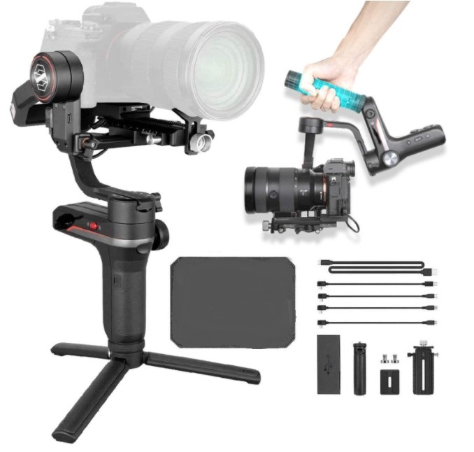 3-AXIS HANDHELD GIMBAL

IT IS A MOTORISED DEVICE USED TO STABILISE MIRRORLESS OR DSLR CAMERAS. IT ALLOWS THE USER RECORD A STABLE IMAGE WITHOUT VIBRATIONS. IT FEATURES  360° PAN, 314° TILT 314° ROLL ADJUSTMENT. THE GIMBAL AUTOMATICALLY DETECTS THE WEIGHT OF YOUR ATTACHED CAMERA AND ADAPTS THE STABILISER SYSTEM ACCORDINGLY. THE BUILT IN OLED SCREEN DISPLAYS VARIOUS ADJUSTMENT PARAMETERS THAT CAN BE CONTROLLED VIA THE HANDLE WITHOUT HAVING TO ENTER THE APP.

MADE FROM ALUMINIUM AND POWERED BY 2 X INTERCHANGEABLE BATTERIES WITH A 14 HOUR RUNTIME. PRODUCT DIMENSIONS (INCHES) 11.81 X 7.48 X 5.51.

INCLUDED IN THE PRODUCT PACKAGE: GIMBAL STABILISER, 2 X LI-ION BATTERIES AND CHARGER, QUICK RELEASE PLATE, CAMERA BACKING BASE, 3 X ¼-20 SCREWS, CAMERA CONTROL CABLE, FIRMWARE UPGRADE CABLE, TRIPOD, STORAGE CASE AND USER GUIDE.