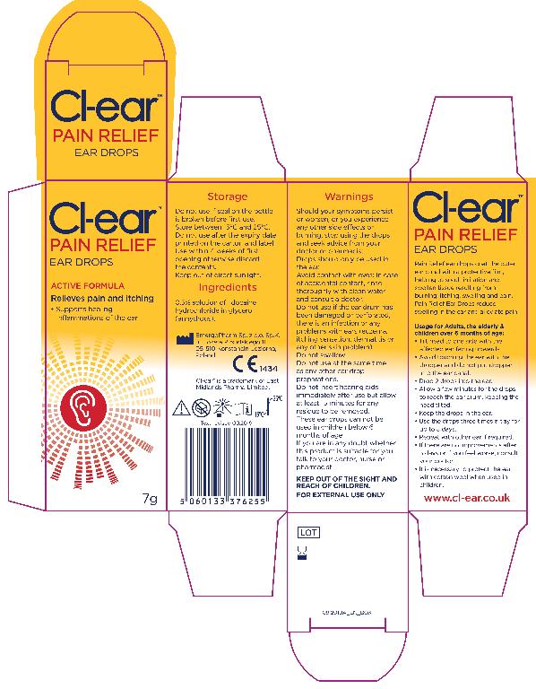 Cl-ear Pain Relief Ear Drops
Relieves Burning and Itching in the Ear.  Reduces Selling and Pain in the Ear.
Suitable for adults & children over 6 Months
Type III medical Device OTC Product.  Contains 7g.