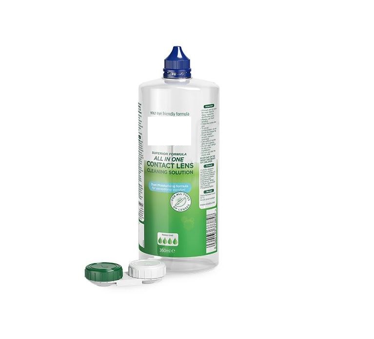 Vizulize All In One Contact Lens Cleaning Solution.
The advanced multi-purpose formula is proven to effectively clean lenses and remove protein deposits, as well as disinfect and lubricate lenses. It can also be used together with the lens case to store lenses when not in use.
This Contact Lens Cleaning Solution is suitable for use with hard and soft contact lenses, as well as silicone hydrogel lenses.
It is available in 100ml travel size as well as 250ml and 360ml containers.