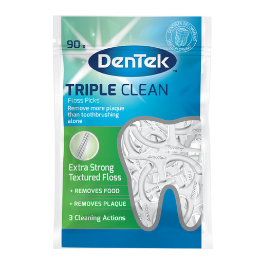 DenTek Triple Clean Floss Picks give you three times the cleaning actions in one floss pick.

Textured pick deep cleans between teeth and stimulates gums 
Tongue cleaner fights bad breath with a minty flavor
Flossers scrub between tight teeth, stimulates gums, and removes food and plaque
Super-strong floss is guaranteed not to break, even when used on the tightest teeth
With advanced fluoride coating
No break floss guarantee
