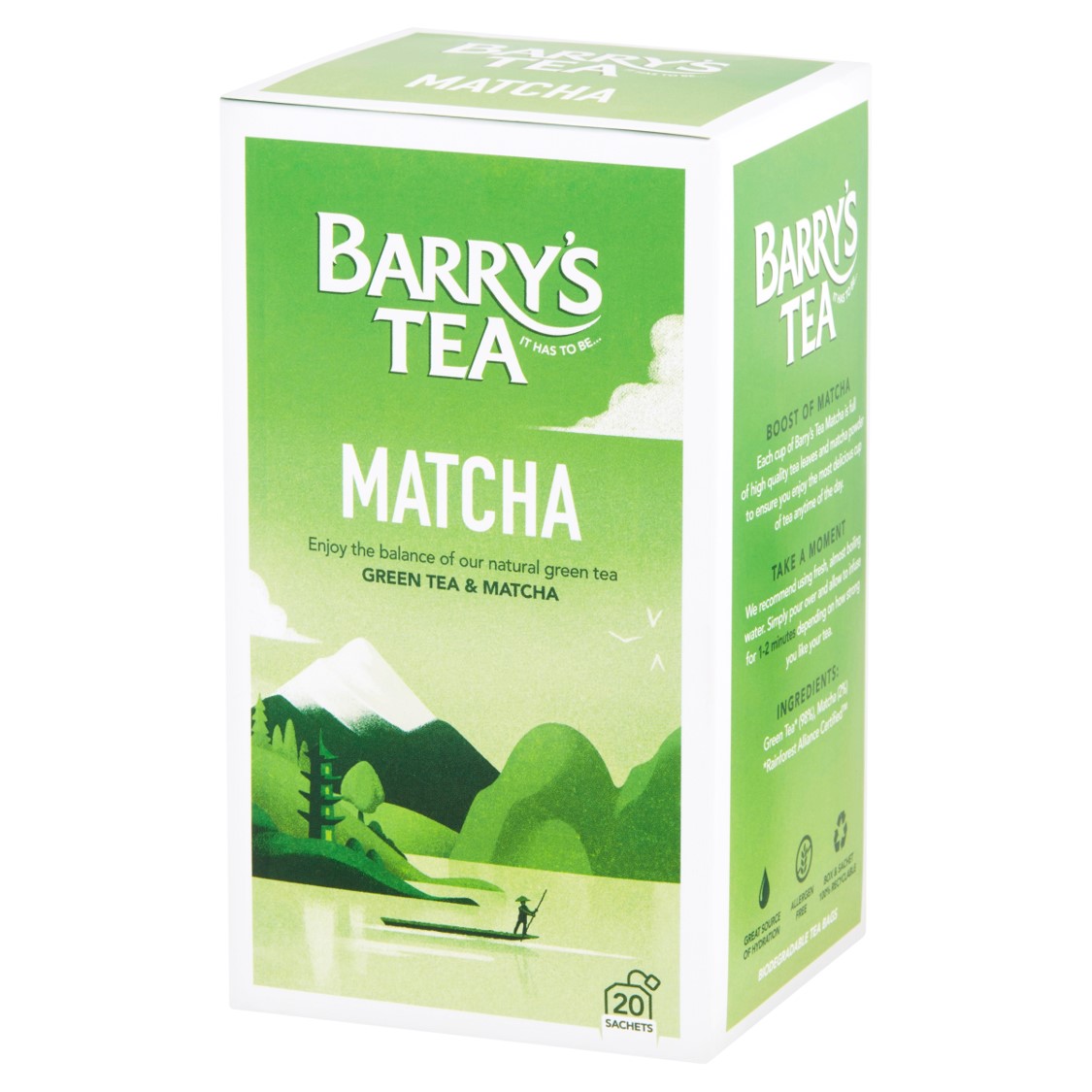 Barry's Tea Matcha 20's Tea Bags
The product is a green tea for human consumption.
There are 20 Filter paper (blend of abaca & selected cellulosic fibres); poly-lined paper tea sachets in a box of cardboard.
Each box of 30g tea bags consists of 98% Green Tea / China, Indonesia, India
2% Matcha Granules / Germany
There are 6 x 30g cartons sold in a brown, corrugated outer case.
Total outer case weight is 180g