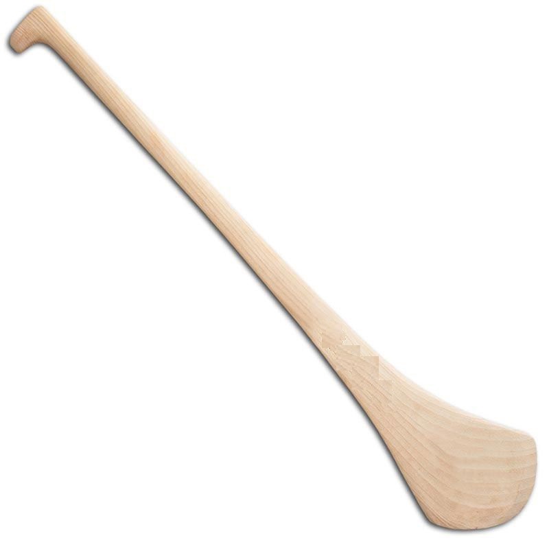 Hurley.  Made from ash wood.  Equipment for a traditional Irish outdoor game called "Hurling" and is played with Hurley "sticks" and a ball.  It is curved and flat at the bottom for hitting a ball. Not ornamental.  Not a toy.  Comes in various lengths ranging from 18" to 34".