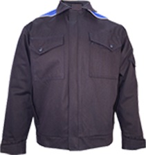 Workwear Jacket, FR, ARC, Anti-Static, lined 
50/49/1 Modacrylic/Cotton/Anti-Static, Woven,
FR Treated Cotton lining.
Contrast Shoulder with silver reflex piping.
2 Chest pockets.
Pencil pockets on left chest.
Action back for extra mobility.
Centre front zip closure.
Stud adjustment on sleeve ends.
Sizes:  XS, S, M, L, XL, 2XL, 3XL