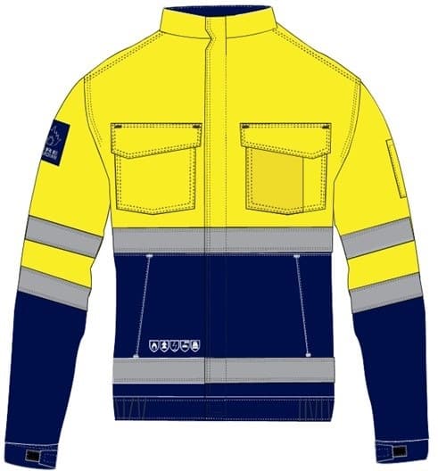 Workwear Jacket,
For Industrial/occupational use
FR, ARC, Anti-Static., unlined.
50/49/1 Modacrylic/Cotton/Anti-Static, Woven,
High Visibility 
EN Certified
2 Chest pockets.
Pencil pockets on left sleeve.
Two lower vertical pockets with flap closure. 
Action back for extra mobility.
Centre front zip closure.
Velcro adjustment on sleeve ends.
Sizes:  XS, S, M, L, XL, 2XL, 3XL