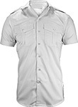 Shirt, Short Sleeve, Female
Made from Woven 65/35 Polyester/Cotton.
Open neck safari style collar
Plain front, button closure
Shoulder button down epaulettes
Shoulder seam towards the front
Chest pockets with center pleats.
 Centered buttoned flaps
Pen pocket on left chest pocket
Double layer of fabric on the back yoke with 2 pleats
White or Navy
Sizes:  8, 10, 12, 14, 16,18, 20
With a continuous opening with button closure from right to left (women's clothing)