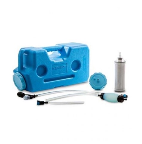 A WATER FILTRATION SYSTEM WHICH REMOVES OR DEACTIVATES HARMFUL SUBSTANCES FROM ANY NON-SALTWATER SOURCE.
THE BRICK CONTAINER IS FILLED WITH CONTAMINATED WATER, THE FILTER IS THEN INSERTED INTO THE CONTAINER WHICH IS PRESSURISED WITH THE HAND PUMP. CLEAN WATER CAN THEN BE EXTRACTED THROUGH THE SPIGOT.