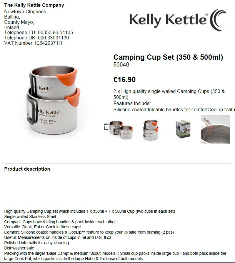 2 x High quality single walled Camping Cups (350 & 500ml)
Features Include:
Silicone coated foldable handles for comfort
CooLip feature (removable) to protect lips from burning
Measurements on inside of cup
Polished internally for easy cleaning
Dishwasher safe / Pack together
Made from Stainless Steel.     Weight 0.258kg / 9.1oz (combined)