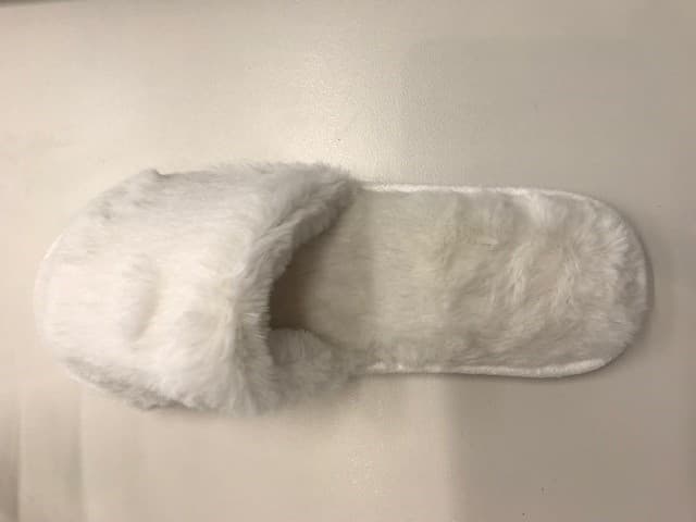 LADIES FUR MULE STYLE SLIPPER WITH OPEN TOE, UPPERS OF TEXTILE, OUTER SOLES OF PLASTIC COVERED WITH TEXTILE.