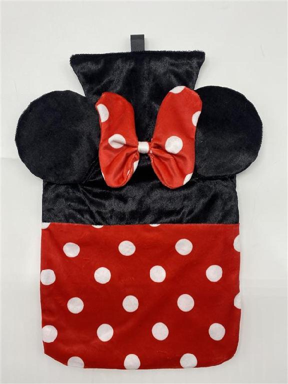 2 litre HOT WATER BOTTLE AND MINNIE MOUSE DESIGN COVER PUT UP FOR RETAIL SALE AS A SET.
The product is used to keep people warm.
THE HOT WATER BOTTLE IS MADE OF VULCANISED NATURAL RUBBER WITH A POLYESTER COVER MADE OF KNITTED TEXTILE FABRIC.
COVER 100% POLYESTER - SIZE 37X28cm, HOTWATER BOTTLE SIZE 32.5X20cm.