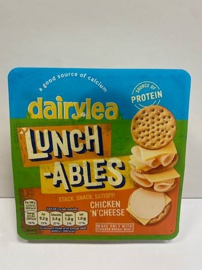 Snack product put up as a set for retail sale. The product is packed in a plastic container with 3 compartments made up of different components: (1st compartment of cheese, 2nd compartment of cooked chicken, 3rd component of biscuit).
The product is intended as a lunch time snack with good source of protein, calcium and without artificial colours.
Cheese Food: Cheese (75 %), Skimmed Milk (Water, Skimmed Milk Powder), Emulsifying Salts (Sodium Citrates, Potassium Citrates), Milk Protein, Butter, Skimmed Milk Powder, Whey Powder (from Milk), Vitamin D, Preservative (Sorbic Acid), Acidity Regulator (Citric Acid), Anti-Caking Agent (Sunflower Lecithin)
Wheat Crackers: Wheat Flour (71 %), Palm Oil, Wheat Bran, Sugar, Butter, Glucose-Fructose Syrup, Raising Agents (Ammonium Carbonates, Sodium Carbonates), Whey Powder (from Milk), Wheat Germ, Salt, Flavourings (contains Milk), Flour Treatment Agent (Sodium Metabisulphite)
Cooked Formed Chicken: Chicken Breast (88 %), Starch, Acidity Regulators (Potassium Lactate, Sodium Acetate), Salt, Flavour Enhancer (Potassium Chloride), Stabiliser (Polyphosphates), Antioxidant (Sodium Ascorbate), Preservative (Sodium Nitrite)
This product contains more than 20% by weight of meat.
