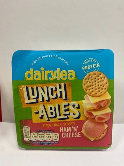 Snack product put up as a set for retail sale. The product is packed in a plastic container with 3 compartments made up of different components (1st compartment of cheese, 2nd compartment of cooked ham, 3rd component of biscuit).
The product is intended as a lunch time snack with good source of protein, calcium and without artificial colours.
Cheese Food: Cheese (75 %), Skimmed Milk (Water, Skimmed Milk Powder), Emulsifying Salts (Sodium Citrates, Potassium Citrates), Milk Protein, Butter, Skimmed Milk Powder, Whey Powder (from Milk), Vitamin D, Preservative (Sorbic Acid), Acidity Regulator (Citric Acid), Anti-Caking Agent (Sunflower Lecithin)
Wheat Crackers: Wheat Flour (71 %), Palm Oil, Wheat Bran, Sugar, Butter, Glucose-Fructose Syrup, Raising Agents (Ammonium Carbonates, Sodium Carbonates), Whey Powder (from Milk), Wheat Germ, Salt, Flavourings (contains Milk), Flour Treatment Agent (Sodium Metabisulphite)
Cooked Formed Ham: Pork (85 %), Starch, Acidity Regulators (Potassium Lactate, Sodium Acetate), Salt, Flavour Enhancer (Potassium Chloride), Antioxidant (Sodium Ascorbate), Preservative (Sodium Nitrite)
This product contains more than 20% by weight of meat.