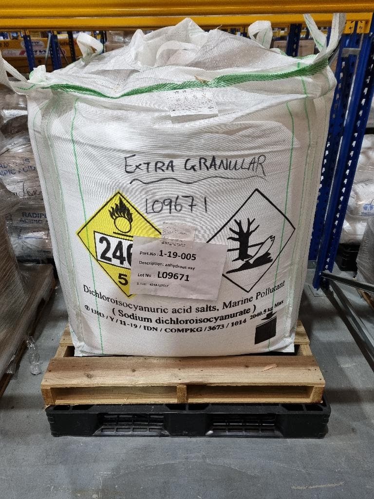 Troclosene sodium 
CAS No 2893-78-9
Product is used as an Active ingredient in the manufacture of Disinfectant tablets
It Consists of 96-98% Pure Troclosene Sodium 
Water 0.5-3%
Sodium Chloride 0.01-1%
The product is the form of Solid Crystal Granules with a slight chlorine odour and presented in 1,000Kg bags.