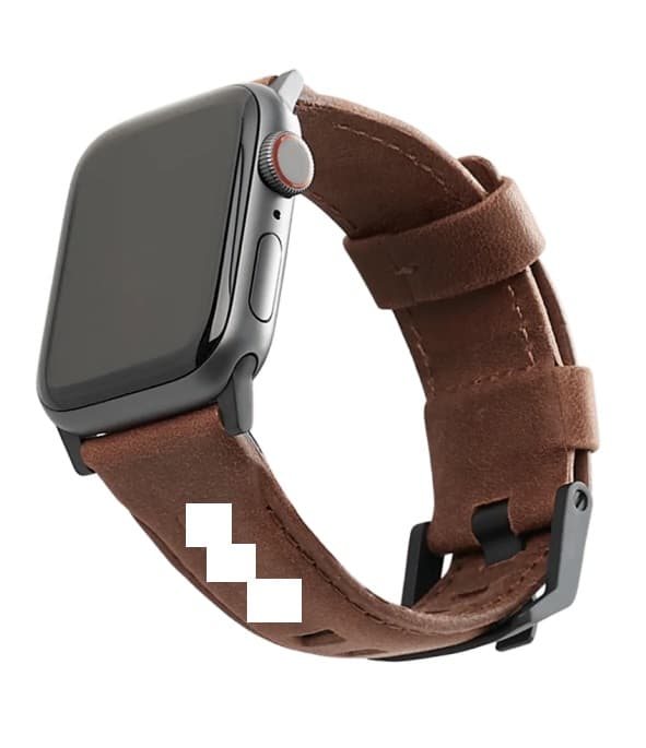 STRAP/BAND FOR SMARTWATCH. 

IT IS MADE FROM LEATHER WITH A PROPRIETARY STAINLESS-STEEL HOOK & FASTENER. THE PROPRIETARY FASTENER MEANS THE STRAP/BAND CAN ONLY BE USED WITH A PARTICULAR BRAND OF SMARTWATCH.