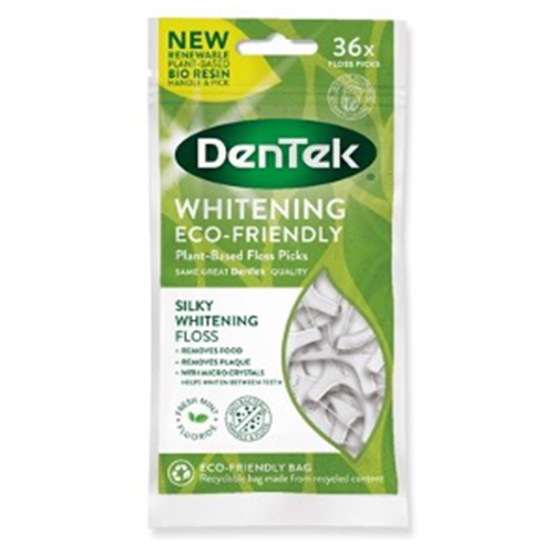 DenTek® Whitening Silky Dental Eco Friendly Floss Picks
Mint-flavoured and fluoride coated interdental cleaners which help to remove food and plaque as well as helping to prevent bad breath. 
Tongue cleaner helps to remove bacteria.
Floss coated in fluoride, with a minty flavour to help keep breath fresh.
The handle is made with renewable, sustainably sourced plant-based Bio Resin.
Added anti-bacterial compound for a more hygienic clean
100% Recyclable packaging made from 50% recycled content
36 pack