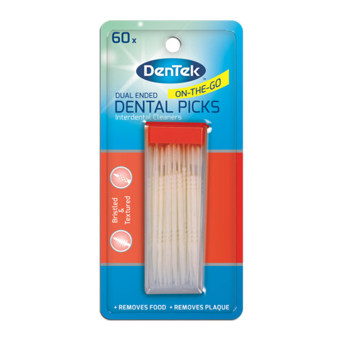 Dual Ended Bristle Picks.

These dual ended dental picks use a bristled end to remove food particles that may be stuck between teeth or along the gum line. The pick end is textured and it is a slim design for tight teeth. It includes 60 picks in a resealable antimicrobial case.
