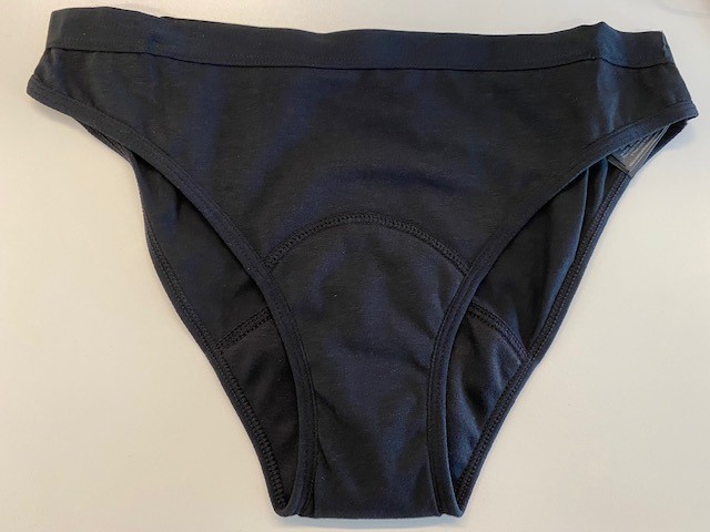Period Pants.

They are made of knitted fabric with an additional three layers in the crotch area. The top gusset layer is made of 100% polyester with wicking properties/finish and an anti-bacterial finish applied, the absorption layer is double sided 95% Polyester 5% Elastane towelling with hydrophilic finish applied and the waterproof layer is 100% polyester with PU gel coating.
The period pants are to be worn by women during menstruation and are intended for multiple use.