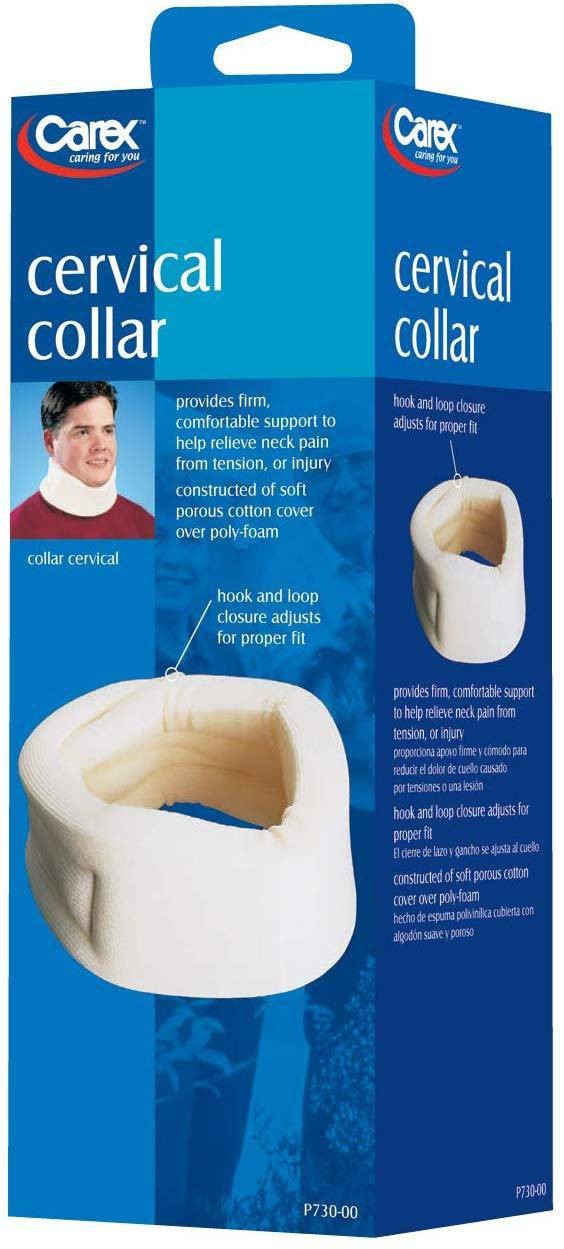 Carex Cervical Collar:
The Cervical Collar provides comfortable, firm support to help relieve neck discomfort. It features an adjustable hook & loop strap closure for a more comfortable fit.
•	Provides firm yet comfortable neck support
•	Relieves neck discomfort
•	Hook and loop closure is adjustable for a comfortable fit
Package Weight:0.3 oz.
Product Type: Cervical Colar
Body Part :Neck
Package Dims (h x w x d):11" x 3.5" x 3"
Product Dims (h x w x d):3" x 24.88" x 1.06"
Product Weight:0.15 oz
This product is made of a soft cotton cover on poly-foam.