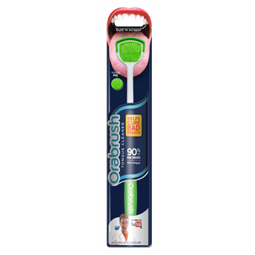 Tongue Cleaner.  Brush with bristles and built-in scraper used to clean the tongue.