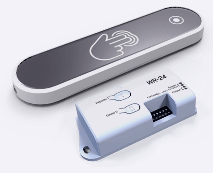 Wireless, automatic door activation remote control. 

It operates on radio frequency 2.4 ghz and illuminates upon activation. It uses 3x AAA batteries.
