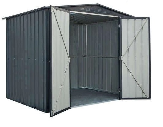 Steel garden shed.

It consists of a front wall with sliding doors, two side walls, a rear wall and a roof. It is hot dipped galvanised steel and measures 10ft x 7ft.