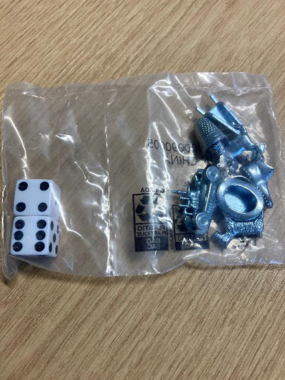 Parts for use in a board game described as:
8 x parts of die-cast zinc finish – thimble, hat, wheelbarrow, car, dog, boat, boot and cat.
2 x dice – white with black spots
Parts are to be packed in a partitioned bag