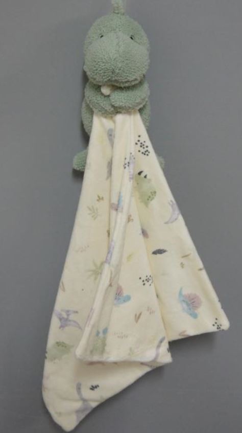 A PLUSH BABY DINOSAUR TOY AND COMFORT BLANKET.  THE COMFORTER IS COMPOSED OF 100% POLYESTER KNITTED FABRIC AND MEASURES 30 X 30CM. THE TOY IS STUFFED.