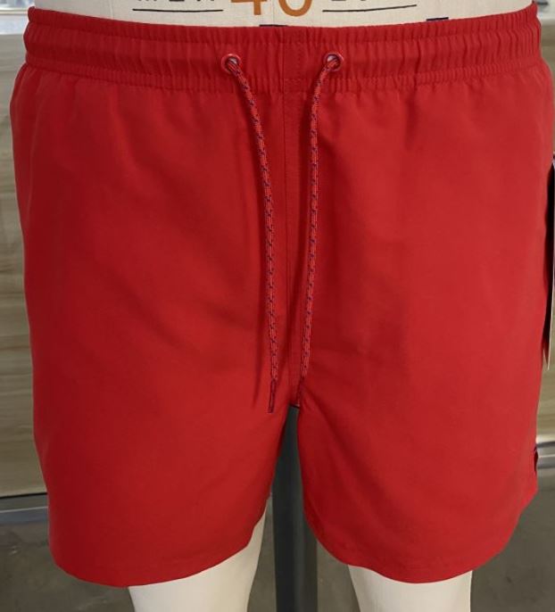 Men's woven swim shorts made of 100% polyester with no front opening; elasticated waistband with fully functional draw cord; The shorts has inner brief made of mesh fabric; 
patch pocket at the back with velcro at the pocket opening to close the pocket; tuck in inside pocket also made of mesh fabric to allow water to drain when swimming and is fixed to the waist.