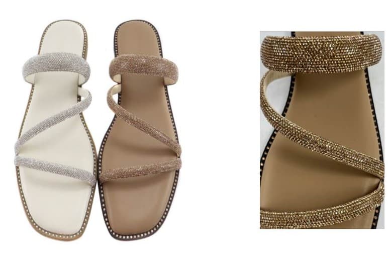 Women’s Sandals  – The upper material is textile fully covered with glass beads, the underlying material between the beads is not visible. 
The outer sole is made of rubber/plastic.
The glass beaded sandal is made of 100% TPR for outsole; 100% glass beads with textile lining for uppers. The glass beads fully covered the textile material