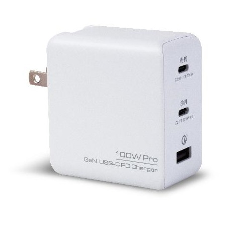 USB Charger. 

It is a 100W fast charger which includes 3 charging ports – 2x Type C & 1x Type A. It has an input voltage range of AC 100V-240V and an output voltage range of DC 5V-20V. It uses Gallium Nitride for efficient, low heat, fast charging.

It measures 62 x 57 x 33 mm.