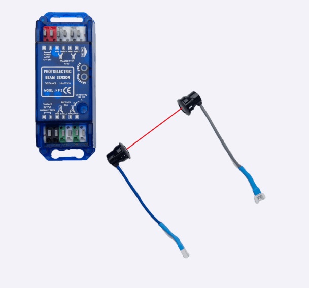 Infrared Detection Switch. 

It is used for door safety during the opening and closing of automatic doors in an industrial application.
It uses a single or double set of active infrared safety beams which prevent door closure when the light beam is broken. It has a detection range of up to 10 metres and uses AC/DC 12-30V.