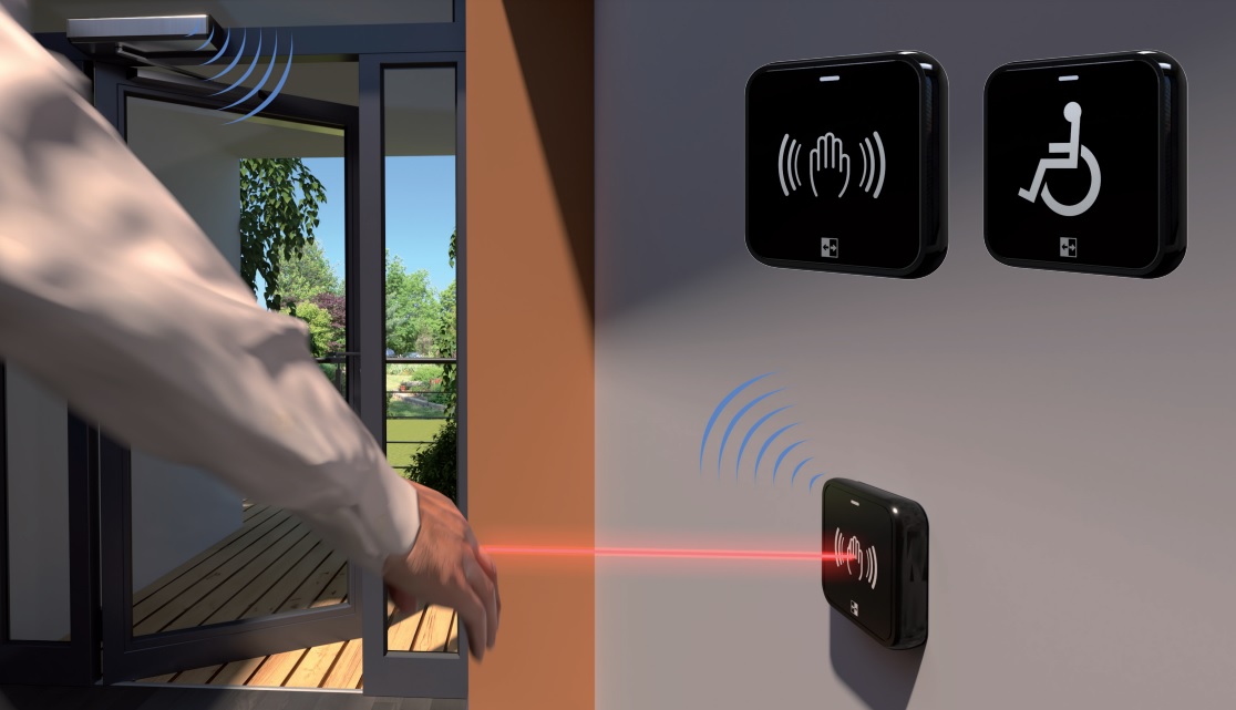 Infrared touchless switch.

It is used for door activation. It operates at a frequency of 2.4ghz in conjunction with a receiver (not the subject of this BTI) and is powered by two 3V CR123A batteries. It has a 10m wireless transmission range.
