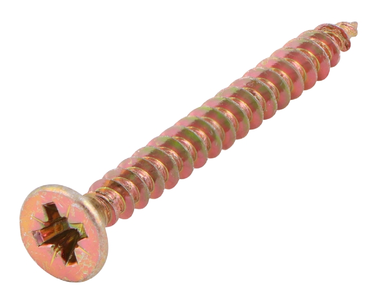 Chipboard screws, are specialized fasteners designed to securely join chipboard, particleboard, and medium-density fiberboard (MDF). These materials are common in furniture construction, cabinetry, flooring, and other applications where a reliable connection is crucial. Screws are either yellow or silver. Diameter sizes are from M3 - M5, length are from 12mm to 150mm.  Steel with a flat cross head.