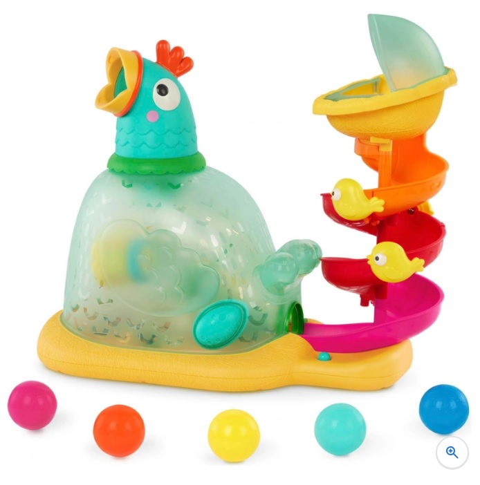 An interactive children’s toy. 

It has the appearance of a chicken and includes lights, sounds and music. A ball rolls down the spiral slide and is popped out the mouth of the chicken. The head of the chicken can be turned so that the ball is directed back towards the slide or out into the room, encouraging the child to retrieve it. This aids in the development of motor skills for young children via active play.
Dimensions are L41cm x H36.8cm and it is made from plastic.