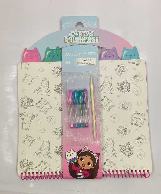 Children's coloring book activity set. This set includes coloring book, printed stickers, gel pen and a scratch art tool made of wood. These items are packaged together for retail sale